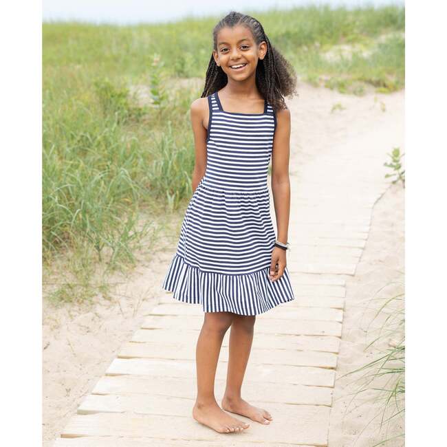 Navy Stripe Knit Dress With Shirred Skirt - Dresses - 2