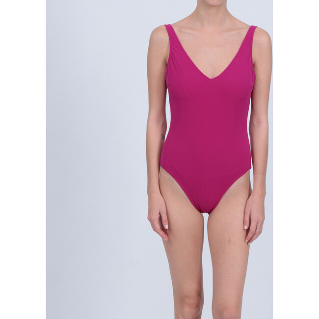 Women's Borneo V-Neck Open Back One-Piece Swimsuit, Fushia Terry - One Pieces - 4