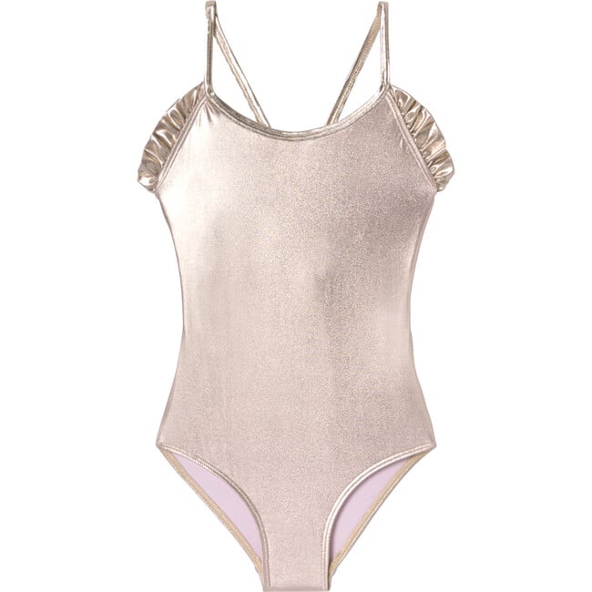 Iridescent Ruffle Arm-Hole Sleeveless One-Piece Swimsuit, Silver