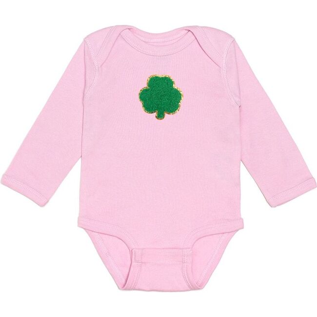 Shamrock Patch St. Patrick's Day Long Sleeve Bodysuit, Pink