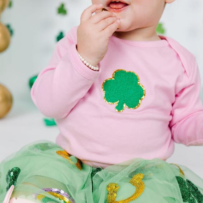 Shamrock Patch St. Patrick's Day Long Sleeve Bodysuit, Pink - Onesies - 3