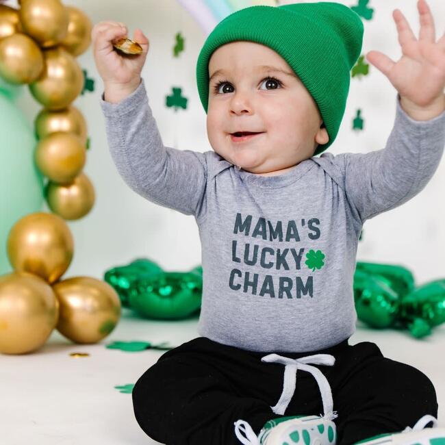 Mama's Lucky Charm St. Patrick's Day Long Sleeve Bodysuit, Grey - Onesies - 2