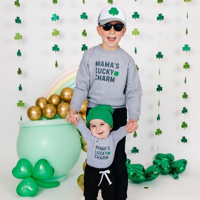 Mama's Lucky Charm St. Patrick's Day Long Sleeve Bodysuit, Grey - Onesies - 4