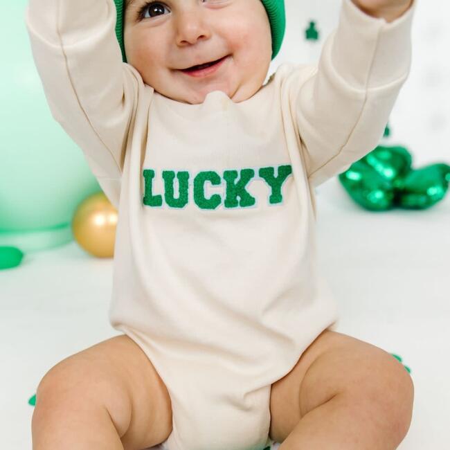 Lucky Varsity Patch St. Patrick's Day Long Sleeve Romper, Natural - Rompers - 2