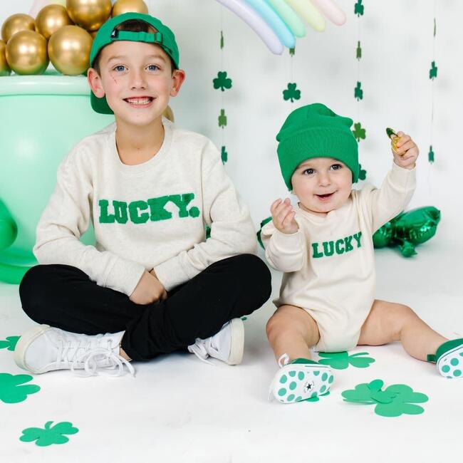 Lucky Varsity Patch St. Patrick's Day Long Sleeve Romper, Natural - Rompers - 3