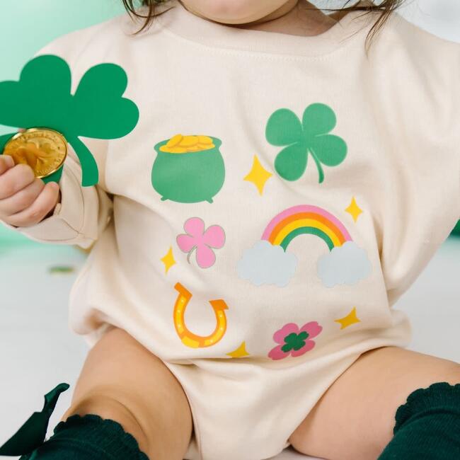 Lucky Doodle St. Patrick's Day Long Sleeve Romper, Natural - Rompers - 2