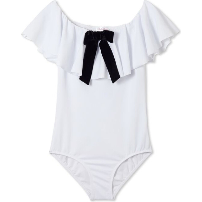 White Ruffle Swimsuit with Black Bow