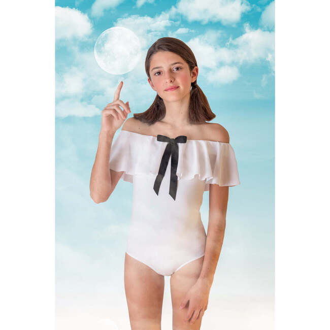 White Ruffle Swimsuit with Black Bow - One Pieces - 2