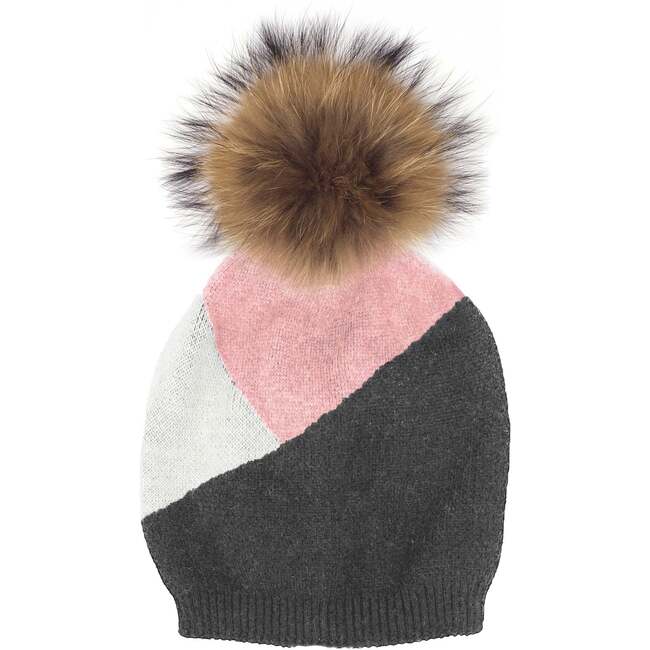 Triangle Color Block Hat With Faux Fur Pom, Mauve