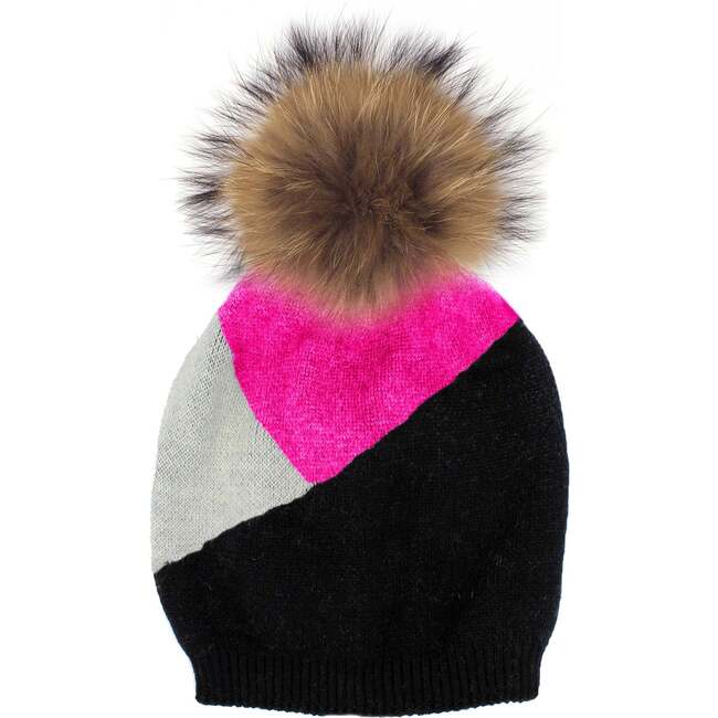 Triangle Color Block Hat With Faux Fur Pom, Hot Pink