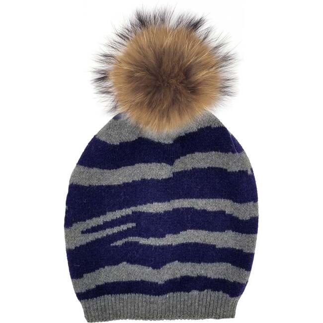 Tiger Pattern Wool Hat With Faux Fur Pom, Navy