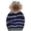 Tiger Pattern Wool Hat With Faux Fur Pom, Navy - Hats - 1 - thumbnail