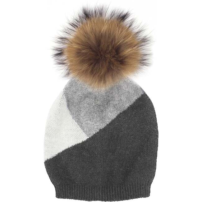 Triangle Color Block Hat With Faux Fur Pom, Grey