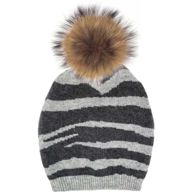 Tiger Pattern Wool Hat With Faux Fur Pom, Grey/ Charcoal