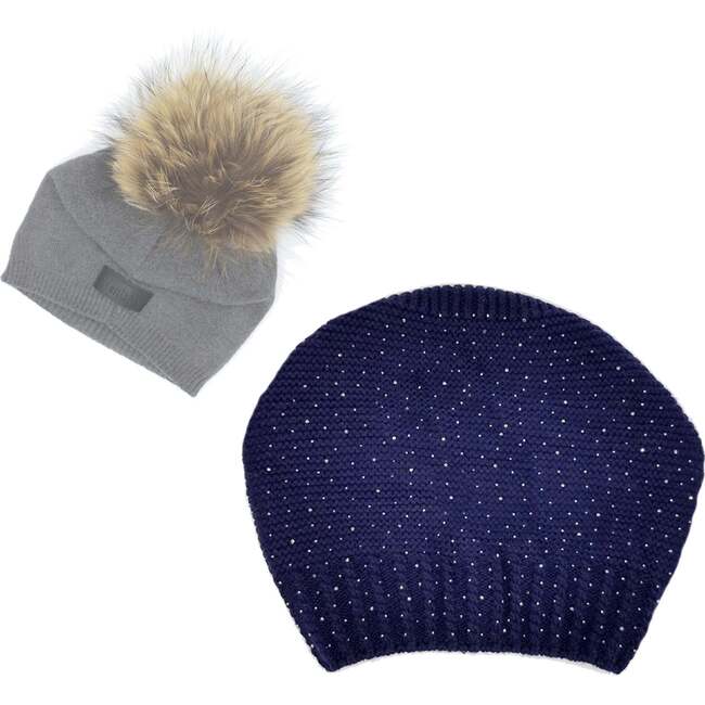 Sparkle Slouch Wool Hat With Faux Fur Pom, Navy