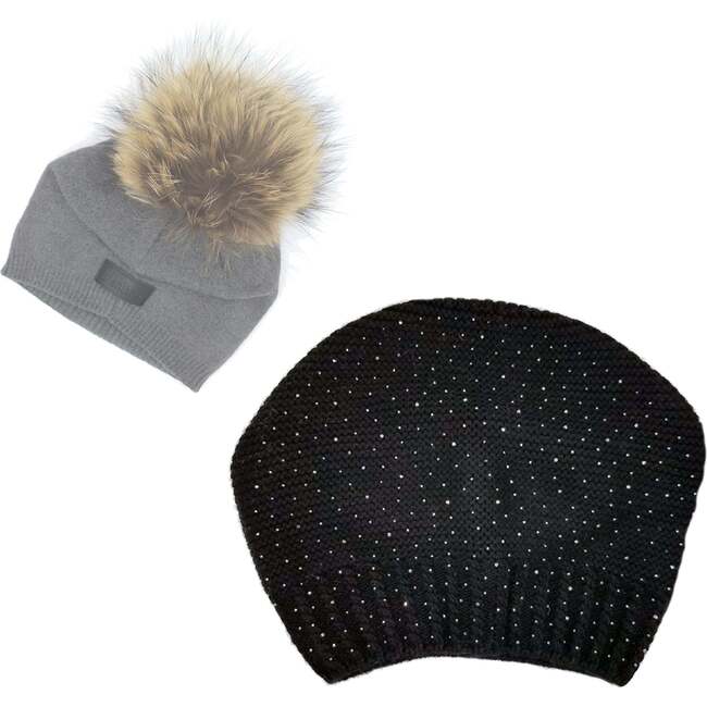 Sparkle Slouch Wool Hat With Faux Fur Pom, Black