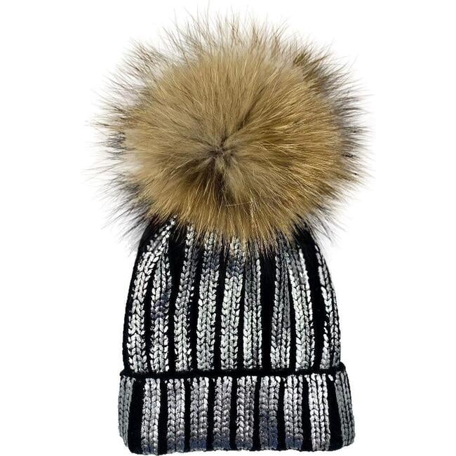 Slouch Embellished Beanie With Faux Fur Pom, Navy