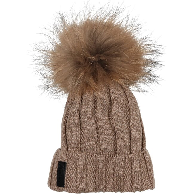 Ribbed Merino Wool Hat With Faux Fur Pom, Sand