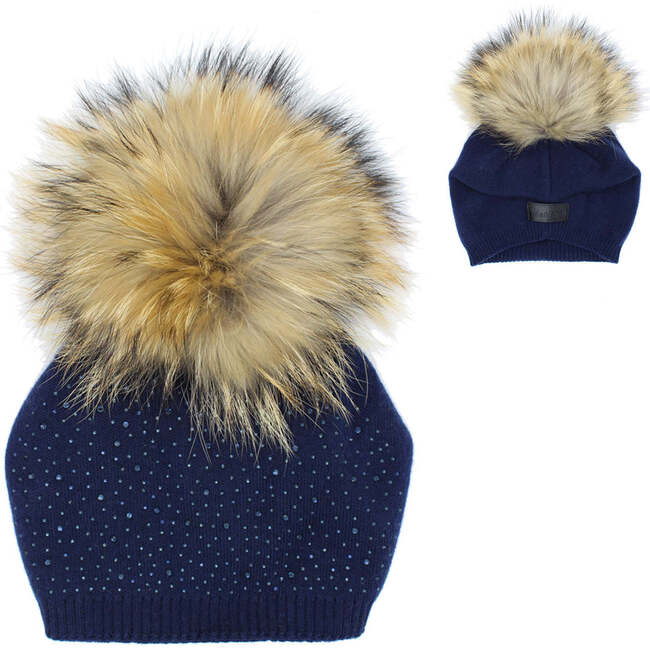 Sewn Knit Wool Hat With Faux Fur Pom, Navy