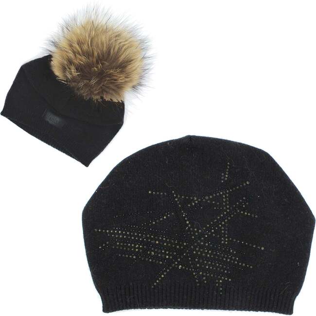 Slouch Embellished Beanie With Faux Fur Pom, Black