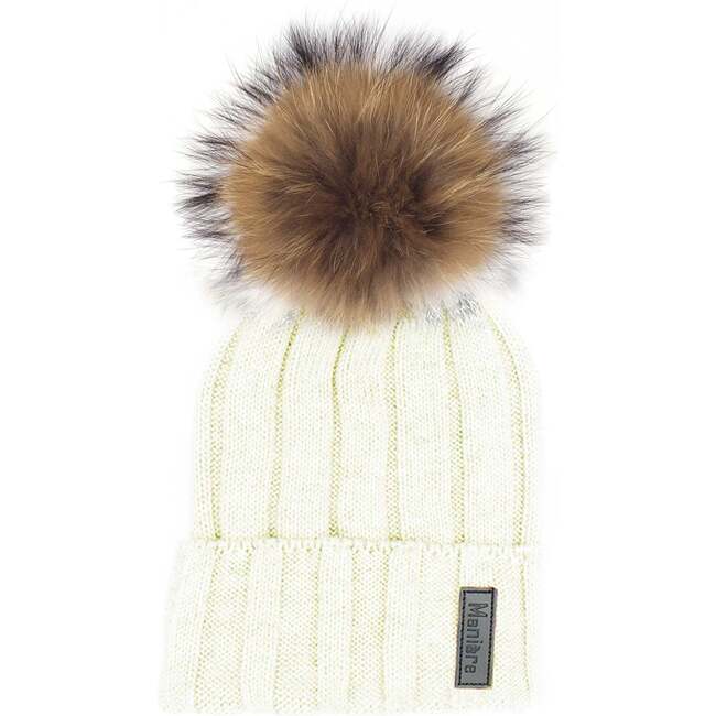 Ribbed Merino Wool Hat With Faux Fur Pom, White