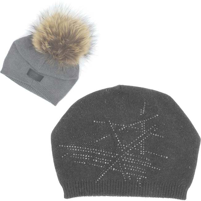 Slouch Embellished Beanie With Faux Fur Pom, Grey