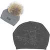 Slouch Embellished Beanie With Faux Fur Pom, Grey - Hats - 1 - thumbnail