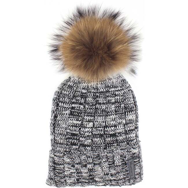 Ribbed Merino Wool Hat With Faux Fur Pom, Black/White