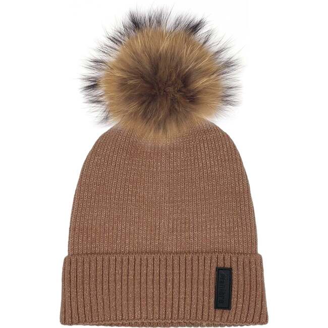 Ribbed Lurex Knit Hat With Faux Fur Pom, Taupe