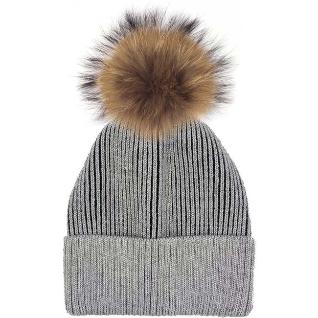 Ribbed Lurex Knit Hat With Faux Fur Pom, Grey