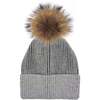 Ribbed Lurex Knit Hat With Faux Fur Pom, Grey - Hats - 1 - thumbnail