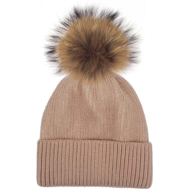 Ribbed Lurex Knit Hat With Faux Fur Pom, Mauve