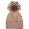 Ribbed Lurex Knit Hat With Faux Fur Pom, Mauve - Hats - 1 - thumbnail