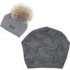 Rhinestone Star Design Hat With Faux Fur Pom, Grey - Hats - 1 - thumbnail