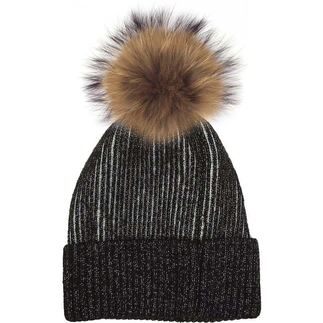 Ribbed Lurex Knit Hat With Faux Fur Pom, Black