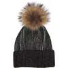 Ribbed Lurex Knit Hat With Faux Fur Pom, Black - Hats - 1 - thumbnail