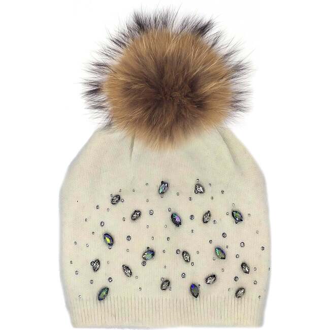 Rhinestone Embellished Hat With Faux Fur Pom, White