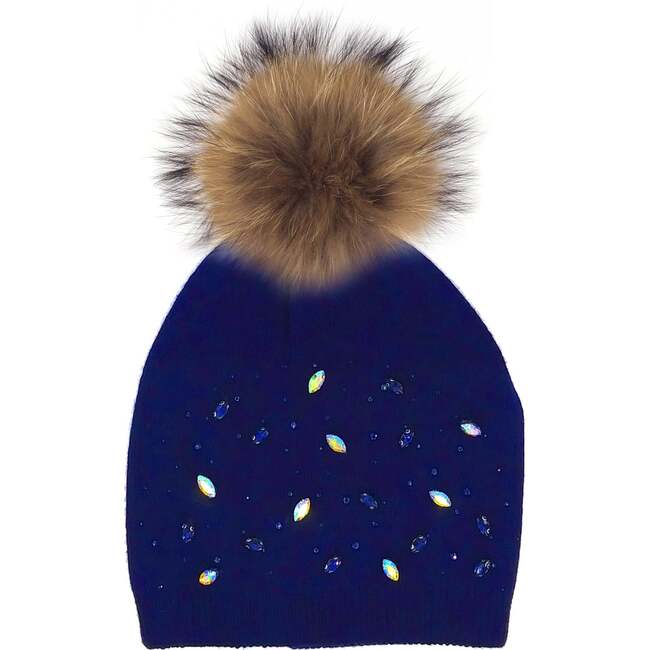 Rhinestone Embellished Hat With Faux Fur Pom, Navy