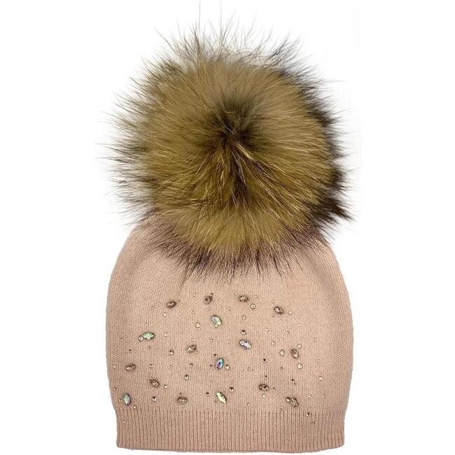 Rhinestone Embellished Hat With Faux Fur Pom, Mauve