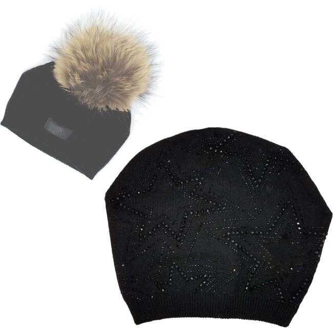 Rhinestone Star Design Hat Hat With Faux Fur Pom, Black