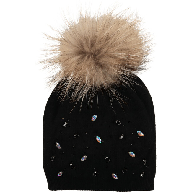 Rhinestone Embellished Hat With Faux Fur Pom, Black