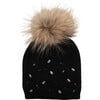 Rhinestone Embellished Hat With Faux Fur Pom, Black - Hats - 1 - thumbnail