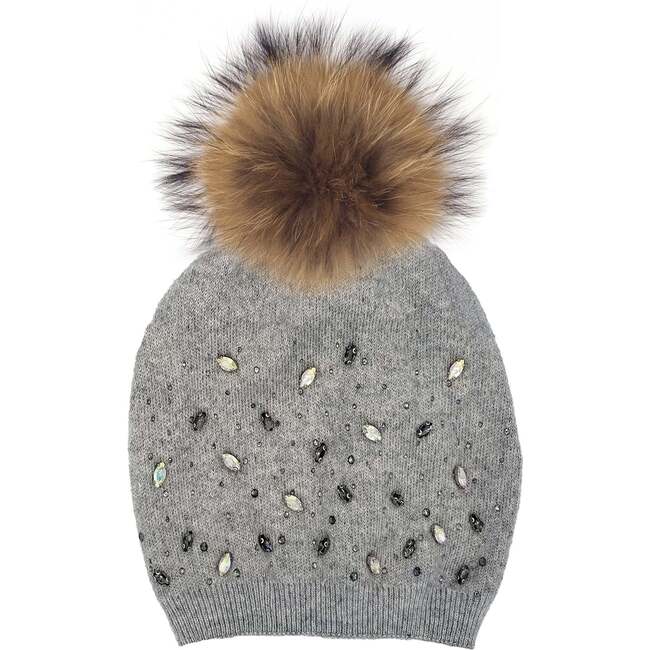 Rhinestone Embellished Hat With Faux Fur Pom, Grey