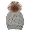 Rhinestone Embellished Hat With Faux Fur Pom, Grey - Hats - 1 - thumbnail