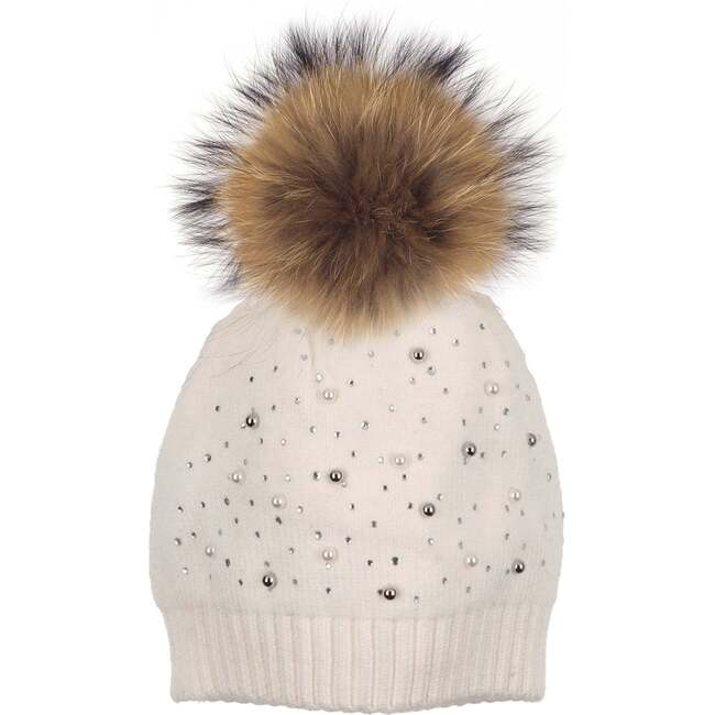 Pearl Studded Wool Hat With Faux Fur Pom, White