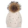 Pearl Studded Wool Hat With Faux Fur Pom, White - Hats - 1 - thumbnail