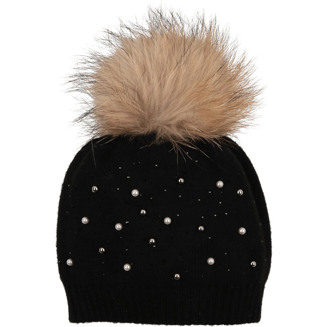 Pearl Studded Wool Hat With Faux Fur Pom, Black