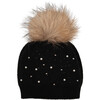 Pearl Studded Wool Hat With Faux Fur Pom, Black - Hats - 1 - thumbnail