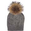 Pearl Studded Wool Hat With Faux Fur Pom, Grey - Hats - 1 - thumbnail