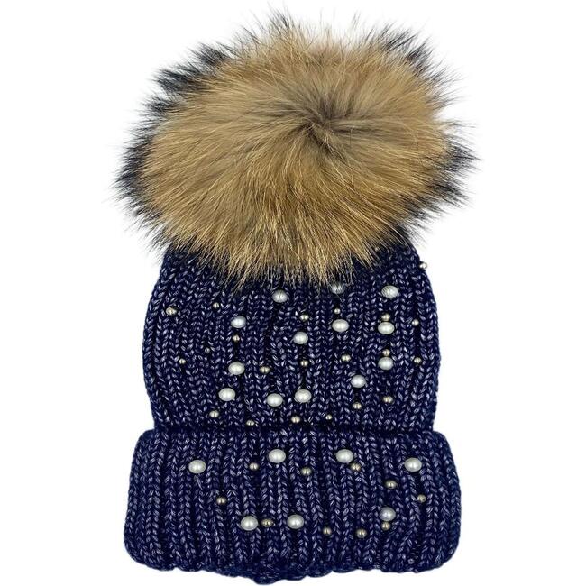 Pearl Embellished Ribbed Beanie With Faux Fur Pom, Navy